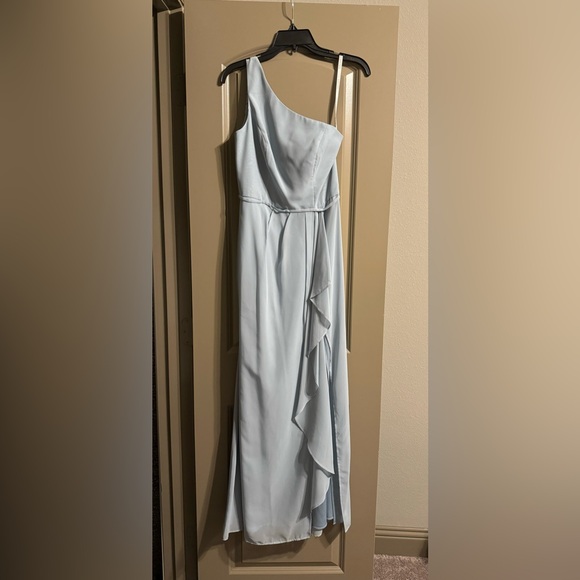 David’s Bridal Dusty Blue Chiffon One Shoulder Bridesmaid Dress Size 4 - Picture 2 of 6